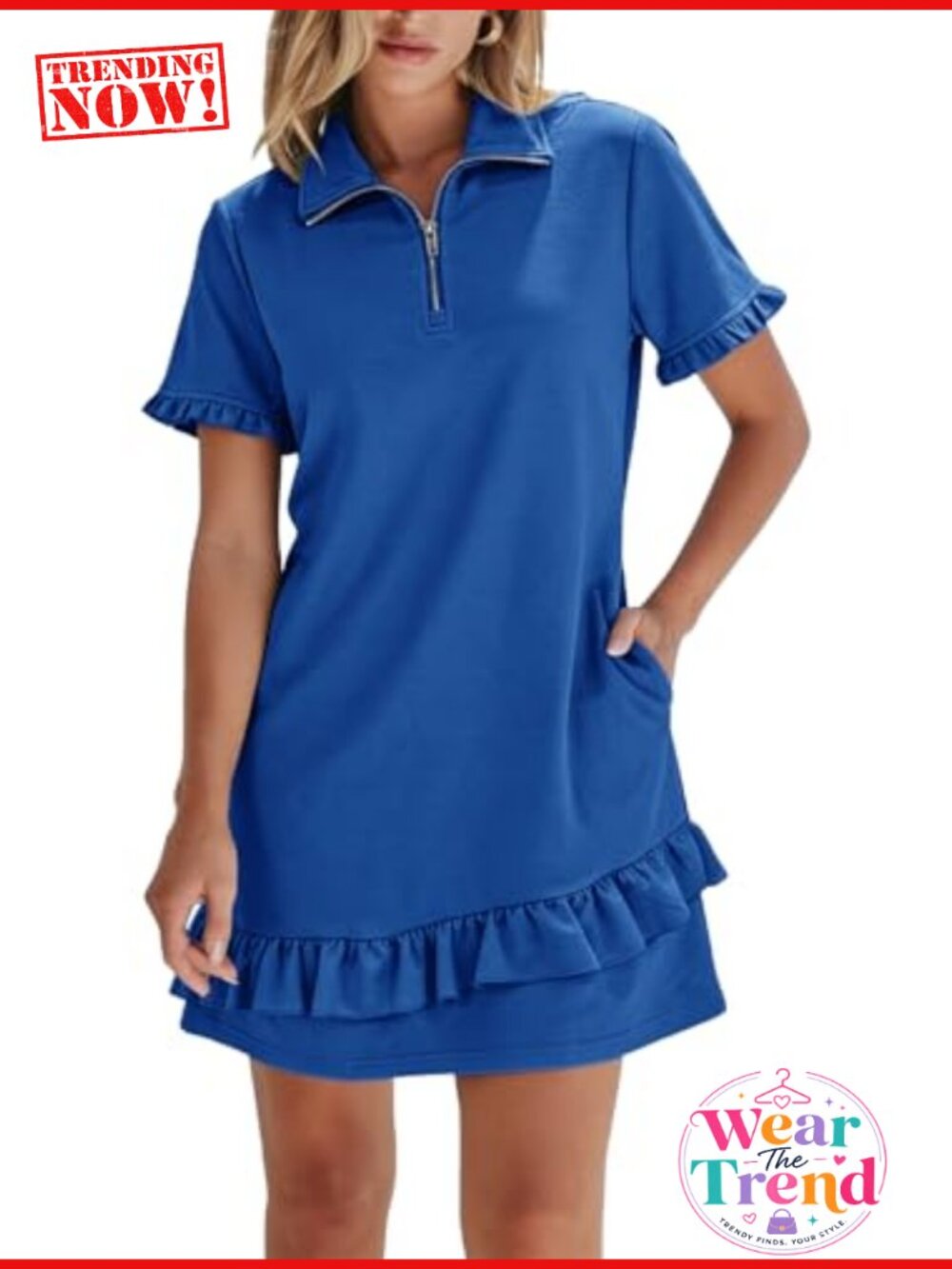 Women's Half Zip Polo Collar Ruffle Hem A-Line Short Dress with Pockets